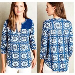 Anthropologie Porridge Belmar Top Sz S Boho Blue Popover Peasant Festival Blouse